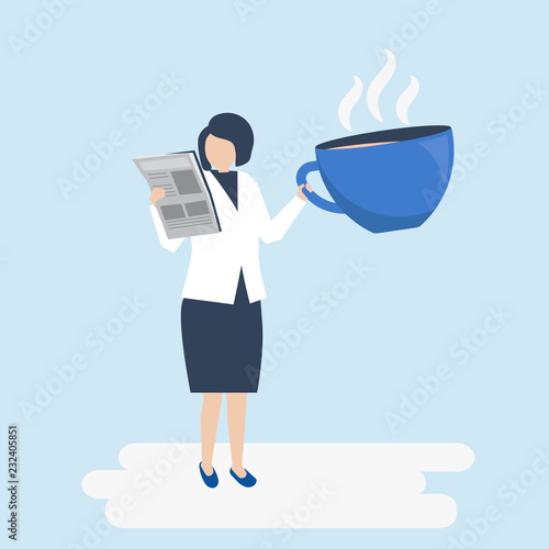 Businesswoman drinking coffee and reading a newspaper illustration