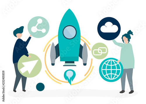 Two people holding startup technology icons illustration
