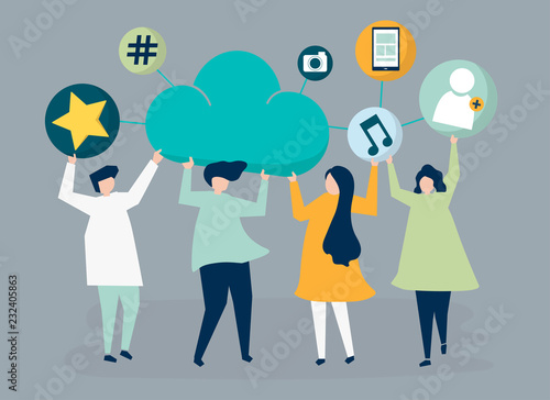 People holding cloud and social networking icons illustration
