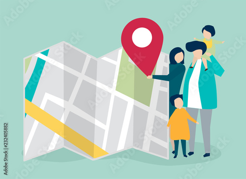 Characters of family with a map and GPS marker illustration