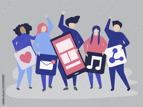 Characters of people holding social networking icons illustration