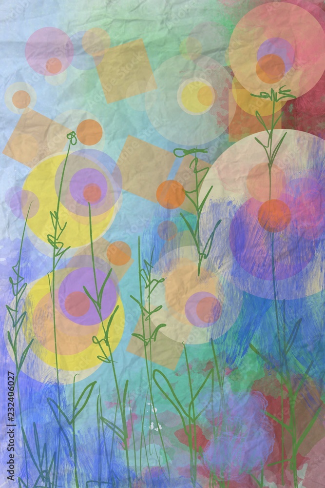 Fototapeta Abstract bubble dot imaginary fantasy blooms and flowers in fun colorful watercolor layers background design