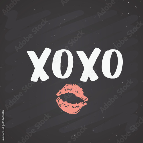 XOXO brush lettering sign, Grunge calligraphic hugs and kisses Phrase, Internet slang abbreviation XOXO symbols, vector illustration on chalkboard background