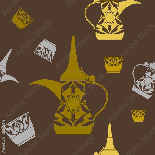 Editable Flat Monochrome Arab Dallah Coffee Pot and Finjan Cup Vector Illustration Seamless Pattern for Creating Background of Middle Eastern Culture Tradition Cafe and Islamic Moments Related Design