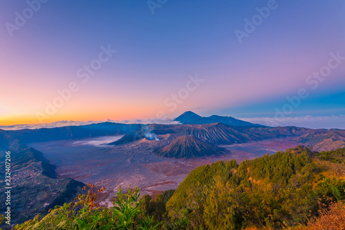 View of mountain Bromo at East Java Indonesia from the peak during sunrise