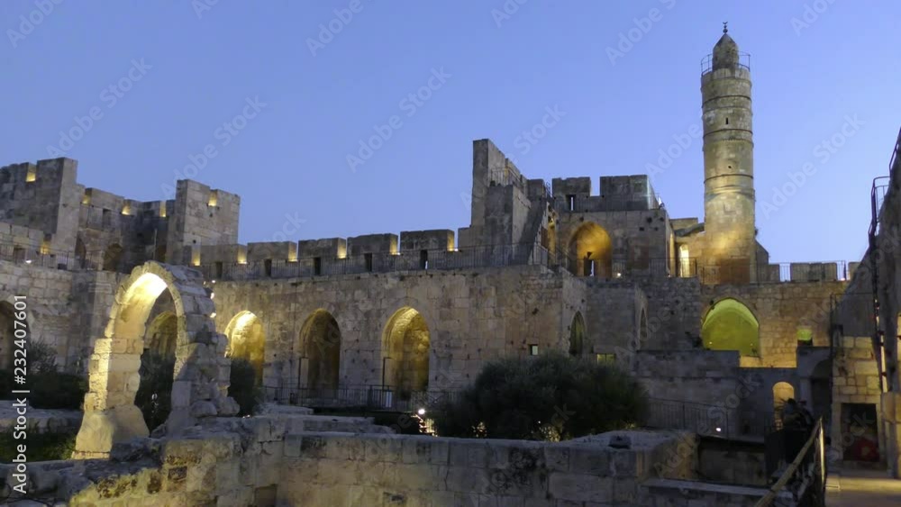 David tower, or Tower of David in old city Jerusalem, near Jaffa gate during sunset with blue and gold colors David tower, or Tower of David in old city Jerusalem, near Jaffa gate during sunset with blue and gold colors