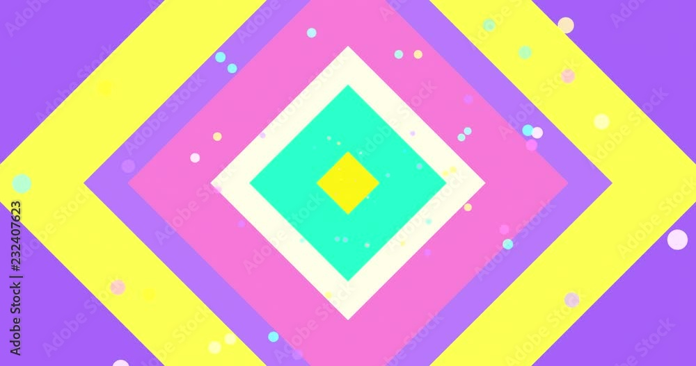 4K motion graphics of stylish background. Purple, pink, white, green, yellow squares and colorful dots. 4096x2160 resolution. (Looped)