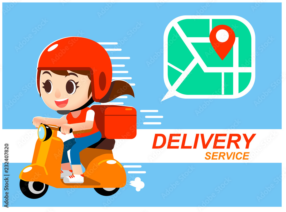 Vector cute delivery man riding scooter with GPS map graphic Vector cute delivery man riding scooter with GPS map graphic