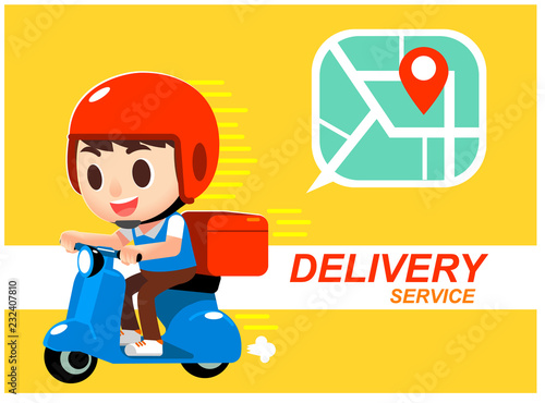 Vector cute delivery man riding scooter with GPS map graphic