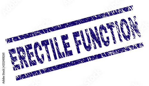 ERECTILE FUNCTION seal print with distress style. Blue vector rubber print of ERECTILE FUNCTION text with corroded texture. Text tag is placed between parallel lines.