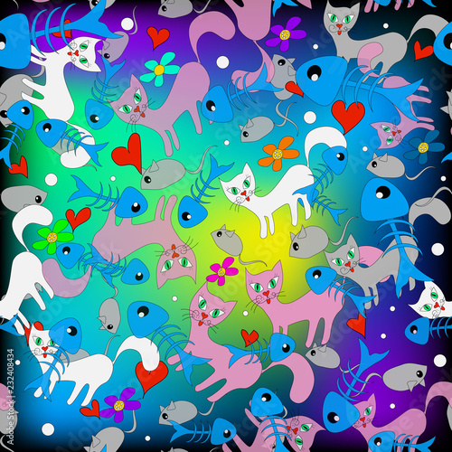 Fototapeta Naklejka Na Ścianę i Meble -  Colorful doodle cartoon cats vector seamless pattern. Bright hand drawn  babysh background. Repeat kittens  backdrop. Decorative ornament with cats, mice, fish bones, polka dots, love hearts, flowers
