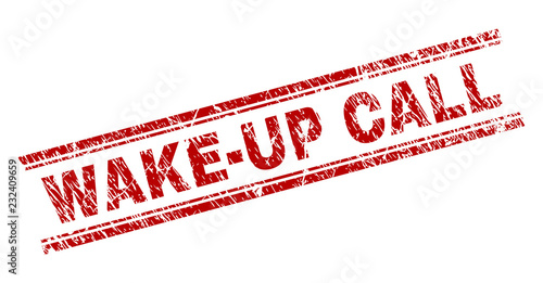 WAKE-UP CALL seal watermark with corroded texture. Red vector rubber print of WAKE-UP CALL caption with corroded texture. Text label is placed between double parallel lines.