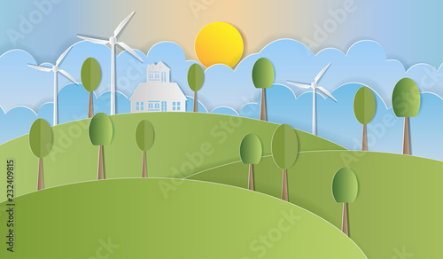 Landscape of home in nature ,ECO FRIENDLY, Paper art style. Vector illustration