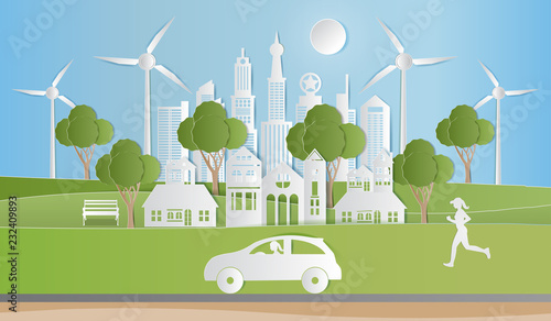 Landscape of village in nature and people relaxing in parks, Environmentally friendly world, paper art style. Vector illustration