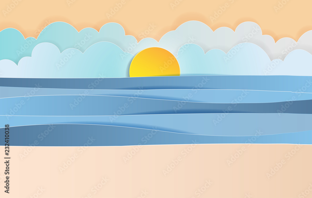 Landscape of sea and sand, sun with sky in twilight, Summer Background, Paper art style Landscape of sea and sand, sun with sky in twilight, Summer Background, Paper art style