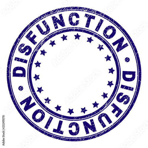 DISFUNCTION stamp seal watermark with distress texture. Designed with circles and stars. Blue vector rubber print of DISFUNCTION text with dust texture.