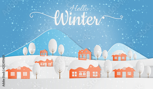 Landscape of village in winter snow forest, Hello Winter. Paper art style