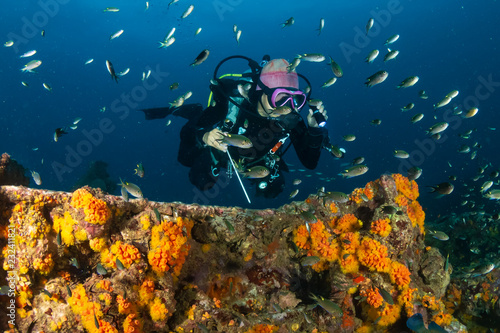 SCUBA diver exploring an old, coral encrusted underwater shipwreck in a tropical ocean (Boonsung, Thailand)