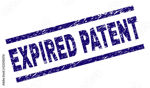 EXPIRED PATENT seal watermark with grunge style. Blue vector rubber print of EXPIRED PATENT text with dirty texture. Text label is placed between parallel lines.