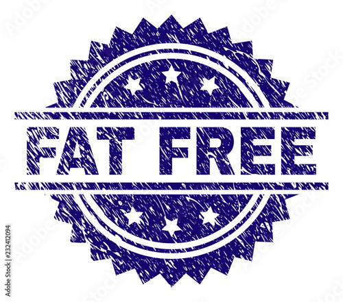 FAT FREE stamp seal watermark with distress style. Blue vector rubber print of FAT FREE label with dirty texture.