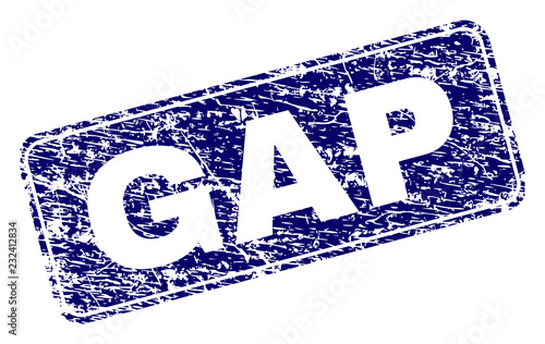 GAP stamp seal print with grunge style. Seal shape is a rounded rectangle with frame. Blue vector rubber print of GAP tag with grunge texture.