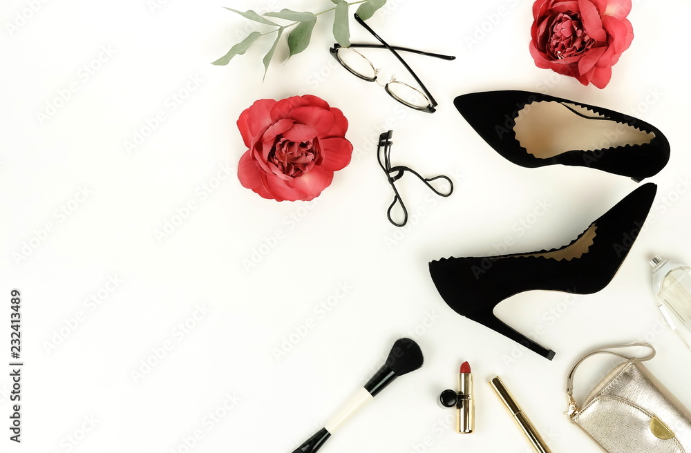 Flat lay, top view female black high heels shoes, accessories and make up  cosmetics. bag, glasses, lipstick, mascara, on a white background. Copy  space. Stock Photo | Adobe Stock