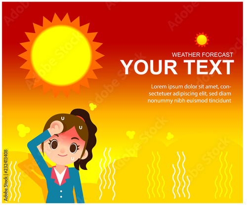 Vector female weather reporter character in hot summer background with mockup text.