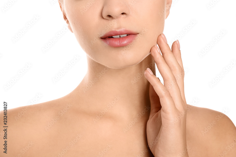 Closeup view of beautiful young woman on white background. Lips contouring, skin care and cosmetic surgery concept