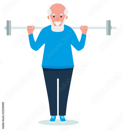 Elderly man lifting a barbell isolated on white background. Healthy lifestyle. Flat cartoon illustration vector set. Active sport concept set.