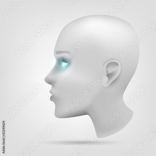 The head of the robot, the face of the android with luminous eyes. Cyber human, technology, conception: artificial intelligence, bioengineering
