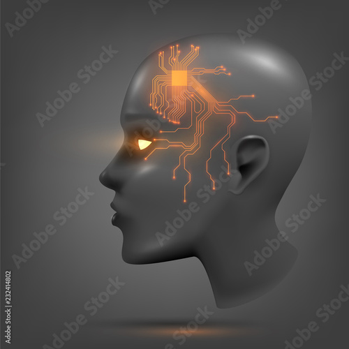 The head of the robot, the face of the android with luminous eyes. Cyber human, technology, conception: artificial intelligence, bioengineering