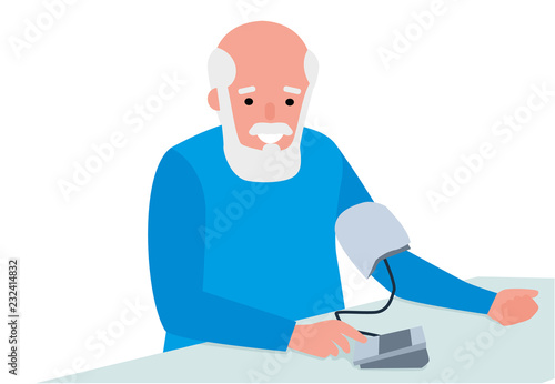 Senior man taking his blood pressure at home. Healthy lifestyle. Flat cartoon illustration vector set. Active sport concept set