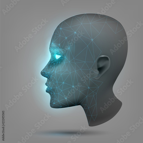 Recognition, biometrics, technology. The head of a robot or cyborg with a blue grid.