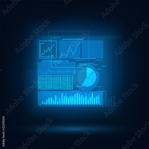 Blue screen with graphs and charts, online trading and business, electronic analytics and trade technologies