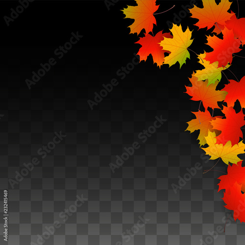 September Vector Background with Golden Falling Leaves. Autumn Illustration with Maple Red, Orange, Yellow Foliage. Isolated Leaf on Transparent Background. Bright Swirl. Suitable for Posters.