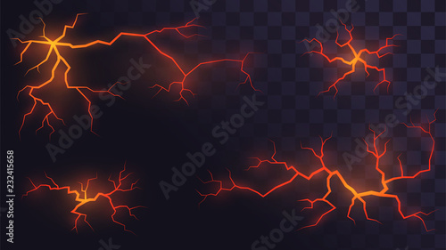 Set of volcanic cracks with lava on a transparent background, glowing crevices