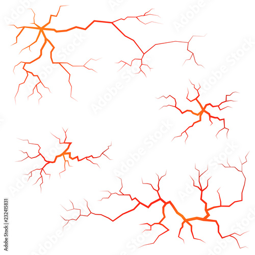 Set of isolated volcanic cracks with lava on a white background, glowing crevices