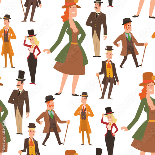 Vintage victorian cartoon gents retro people vector. Style fashion old people victorian gentleman clothing antique century character victorian gent people vintage wild west man and woman style