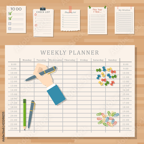 Agenda list vector business paper clipboard in flat style self-adhesive checklist notes schedule calendar planner organizer article illustration.