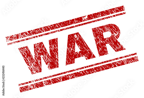 WAR seal print with grunge style. Red vector rubber print of WAR label with scratched texture. Text label is placed between double parallel lines.