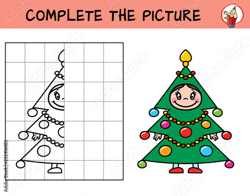 Complete the picture of a little girl in the carnival costume Christmas tree. Copy the picture. Coloring book. Educational game for children. Cartoon vector illustration
