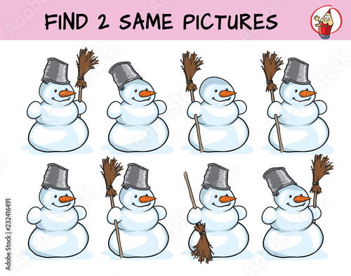 Funny snowman. Find two same pictures. Educational matching game for children. Cartoon vector illustration