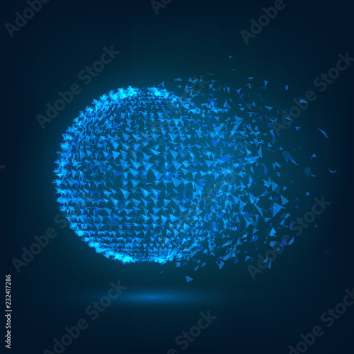 Blue glowing sphere of particles disintegrate. Abstract element on white background