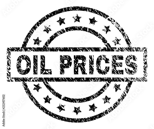 OIL PRICES stamp seal watermark with distress style. Designed with rectangle, circles and stars. Black vector rubber print of OIL PRICES caption with dust texture.