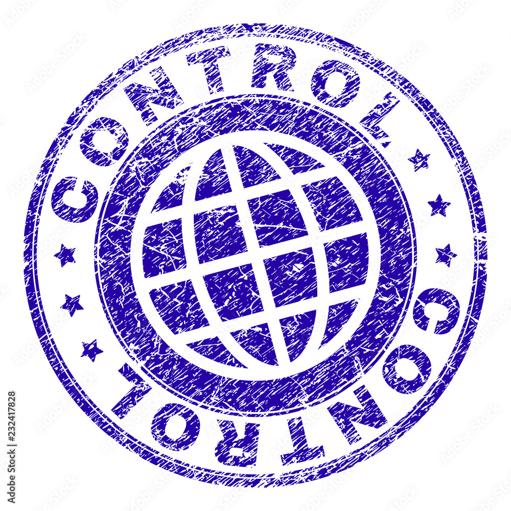CONTROL stamp print with distress texture. Blue vector rubber seal print of CONTROL label with unclean texture. Seal has words placed by circle and globe symbol.