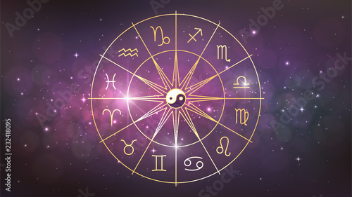 Golden wheel with twelve signs of the zodiac in cosmos, astrology, esotericism, prediction of the future.