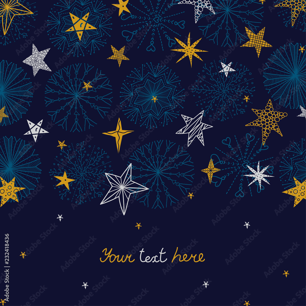 Cute winter postcard with decorative snowflakes and stars. Cute winter postcard with decorative snowflakes and stars.