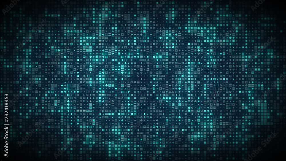 Bright glowing computer symbols appear on stream grid in futuristic big data information technology concept. Dark cyberspace internet or cryptocurrency blockchain network background.4K 3D illustration Bright glowing computer symbols appear on stream grid in futuristic big data information technology concept. Dark cyberspace internet or cryptocurrency blockchain network background.4K 3D illustration