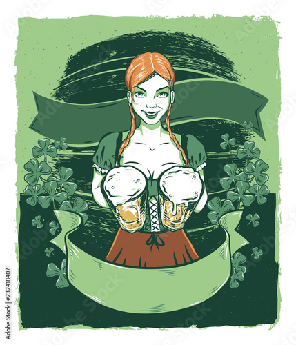 Irish Bar Maiden Holding Two Bears