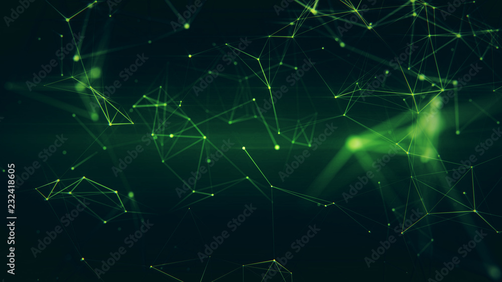 Abstract futuristic plexus 3D illustration of bright green surface with connecting dots. Neural mesh representing internet, cloud computing and blockchain distributed network.